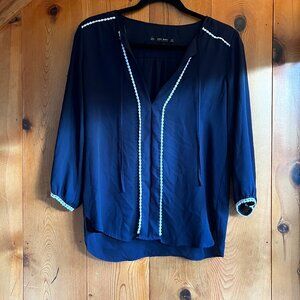 CLOSE OUT SALE Zara Navy Blouse with White Piping Detail - Size XS